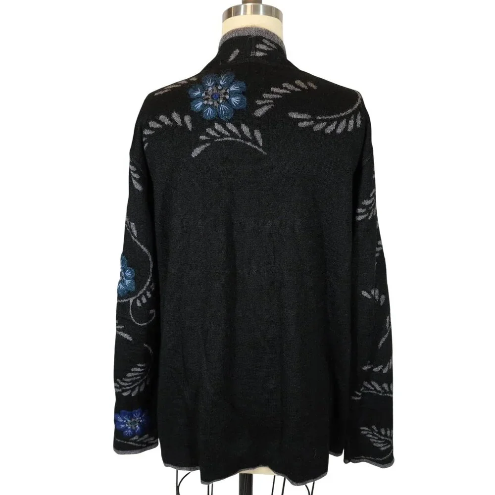Morning Glory Alpaca Reversible Embroidered Open Front Cardigan One Size M/L - Picture 3 of 5